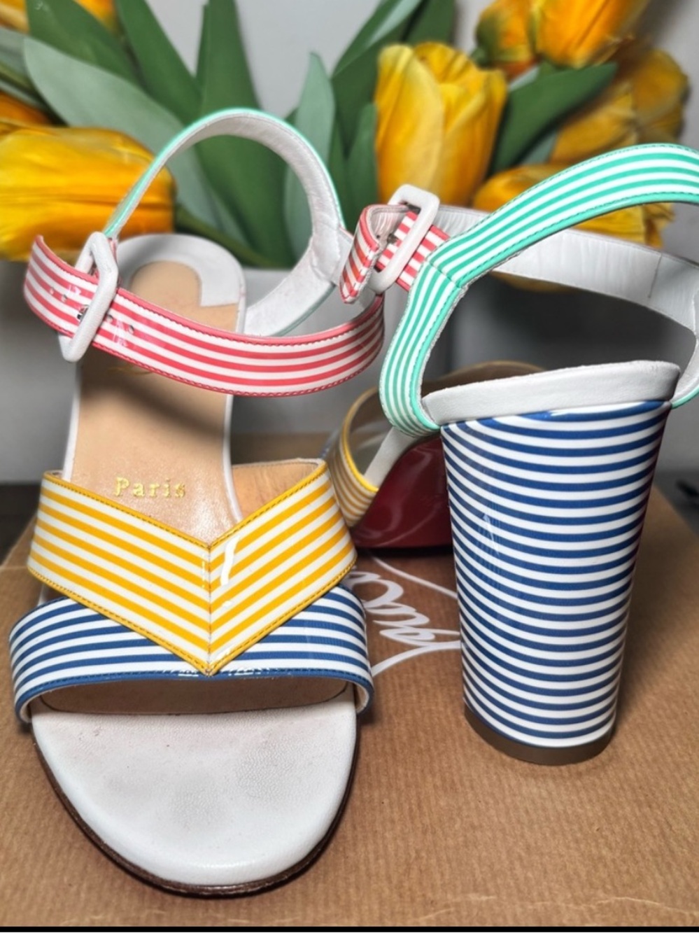 Christian Louboutin Multicolor Striped Block Heel Sandals